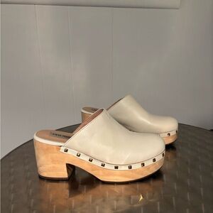 Steve Madden Ivory Leather Studded Wood Clog Mules